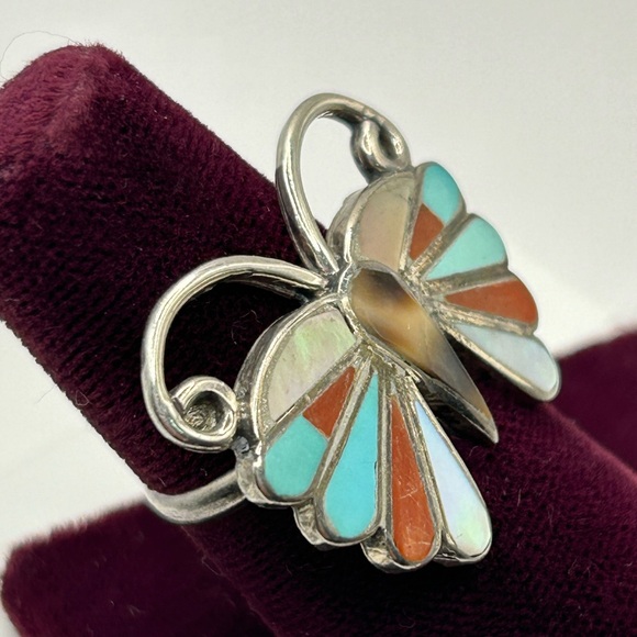 Sterling Silver Turquoise & Coral Chip Butterfly Ring Size 6.75 - Picture 2 of 7
